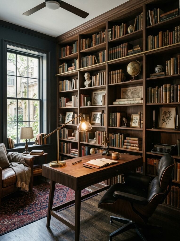 15 Stunning Dark Academia Office Ideas For a Moody Workspace dark academia home office shelves 202606141529
