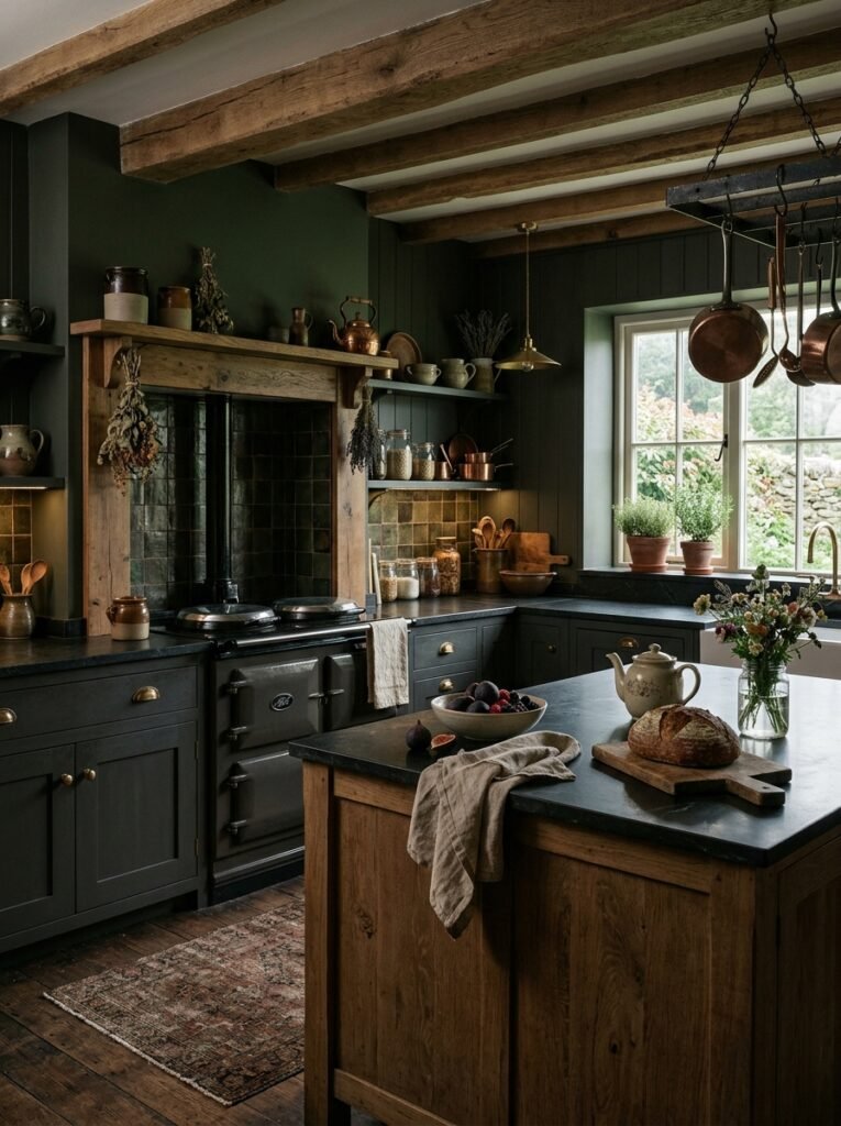 17 Dreamy Dark Cottagecore Kitchen Ideas You'll Absolutely Love dark cottagecore kitchen interior 202606141248