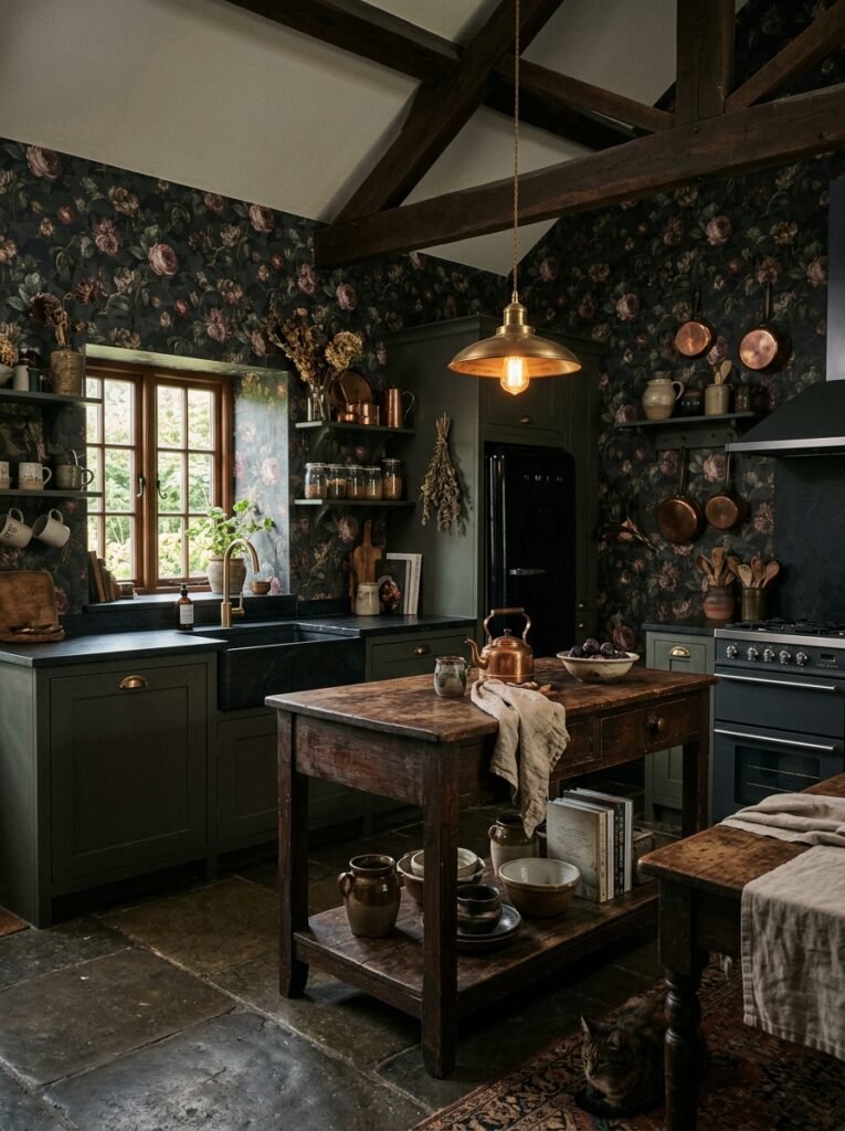 17 Dreamy Dark Cottagecore Kitchen Ideas You'll Absolutely Love dark cottagecore kitchen interior 202606141249