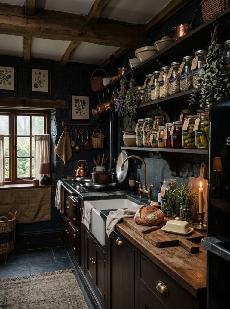 17 Dreamy Dark Cottagecore Kitchen Ideas You'll Absolutely Love dark cottagecore kitchen interior 202606141253