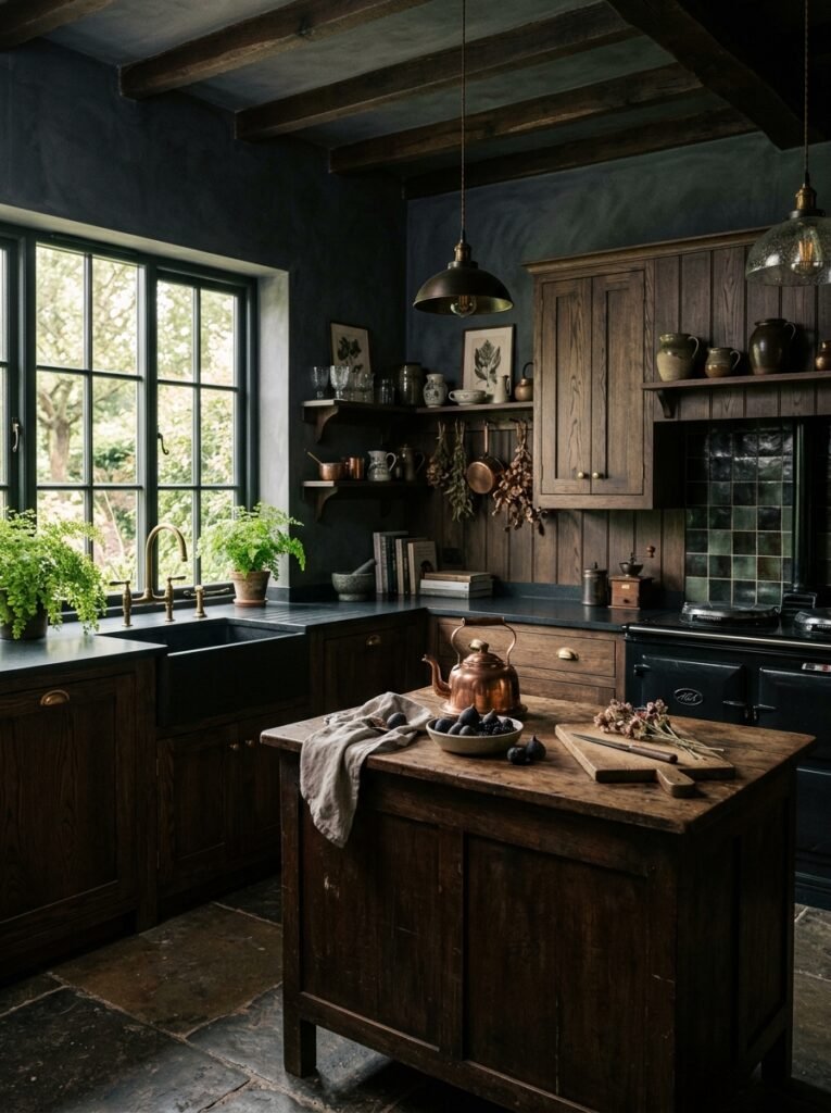 17 Dreamy Dark Cottagecore Kitchen Ideas You'll Absolutely Love dark cottagecore kitchen interior 202606141254