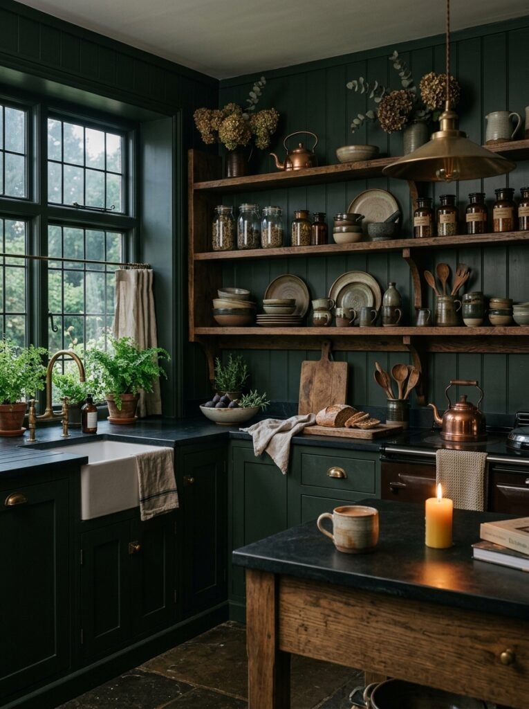 17 Dreamy Dark Cottagecore Kitchen Ideas You'll Absolutely Love dark cottagecore kitchen open sh… 202606141248
