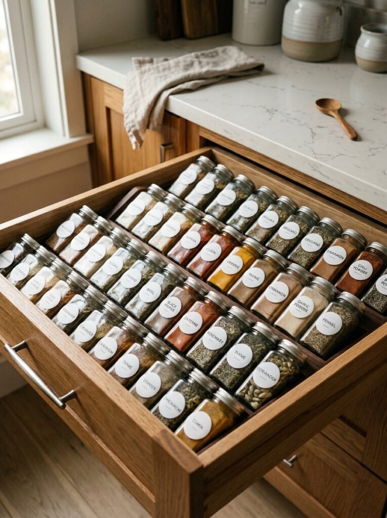 12 Easy Spice Rack Ideas for an Organized Kitchen drawer filled with spices 202606141330