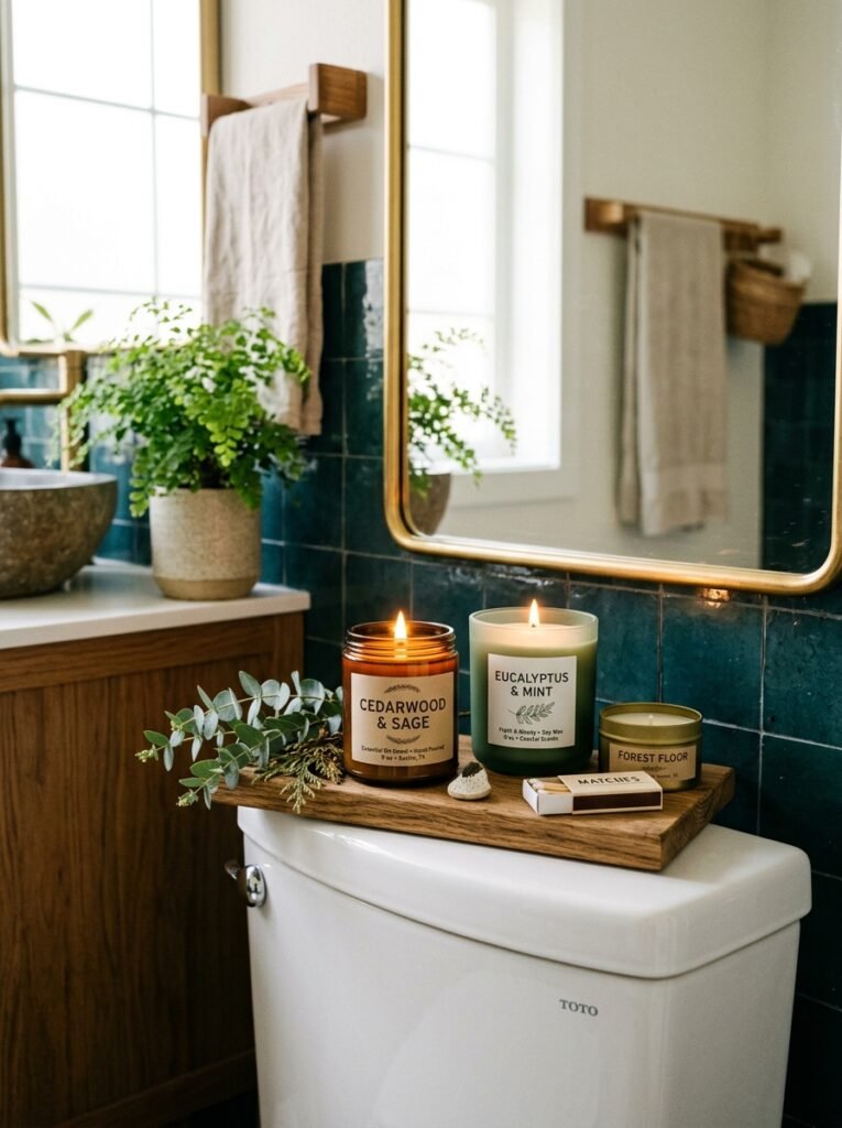 scented candles on toilet tank 