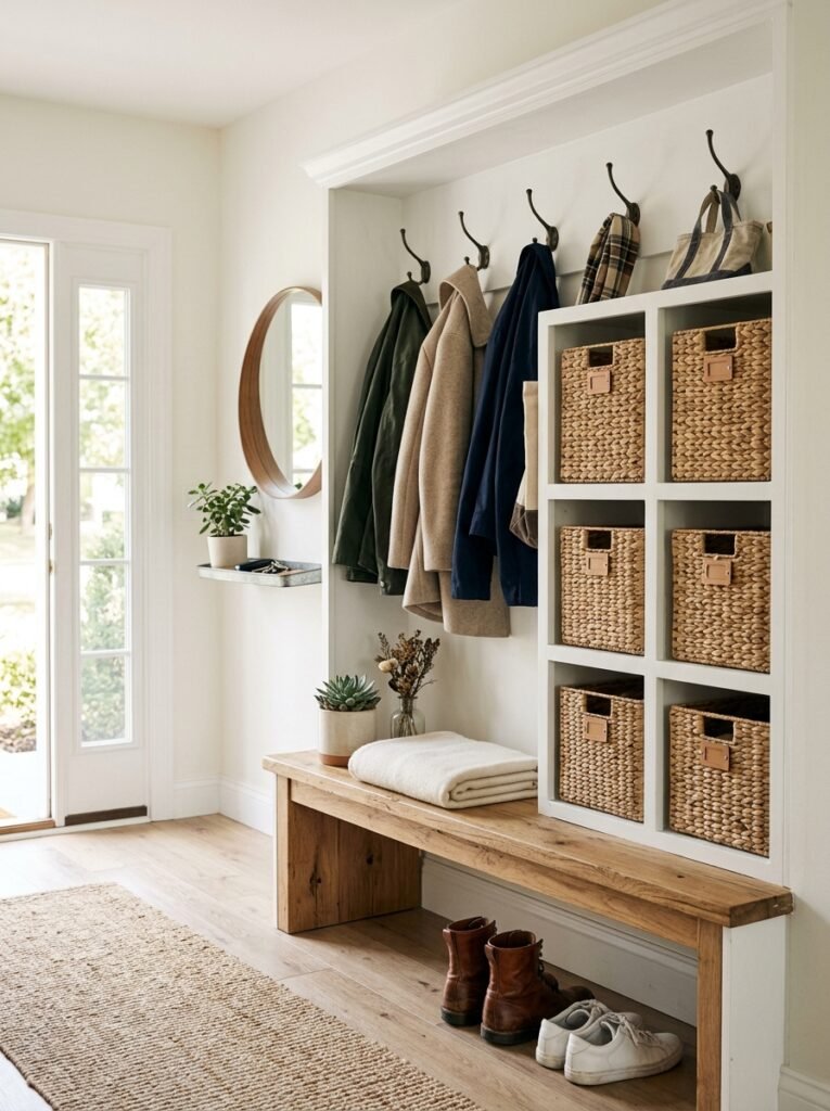 entryway cubbies with named baskets for each family member