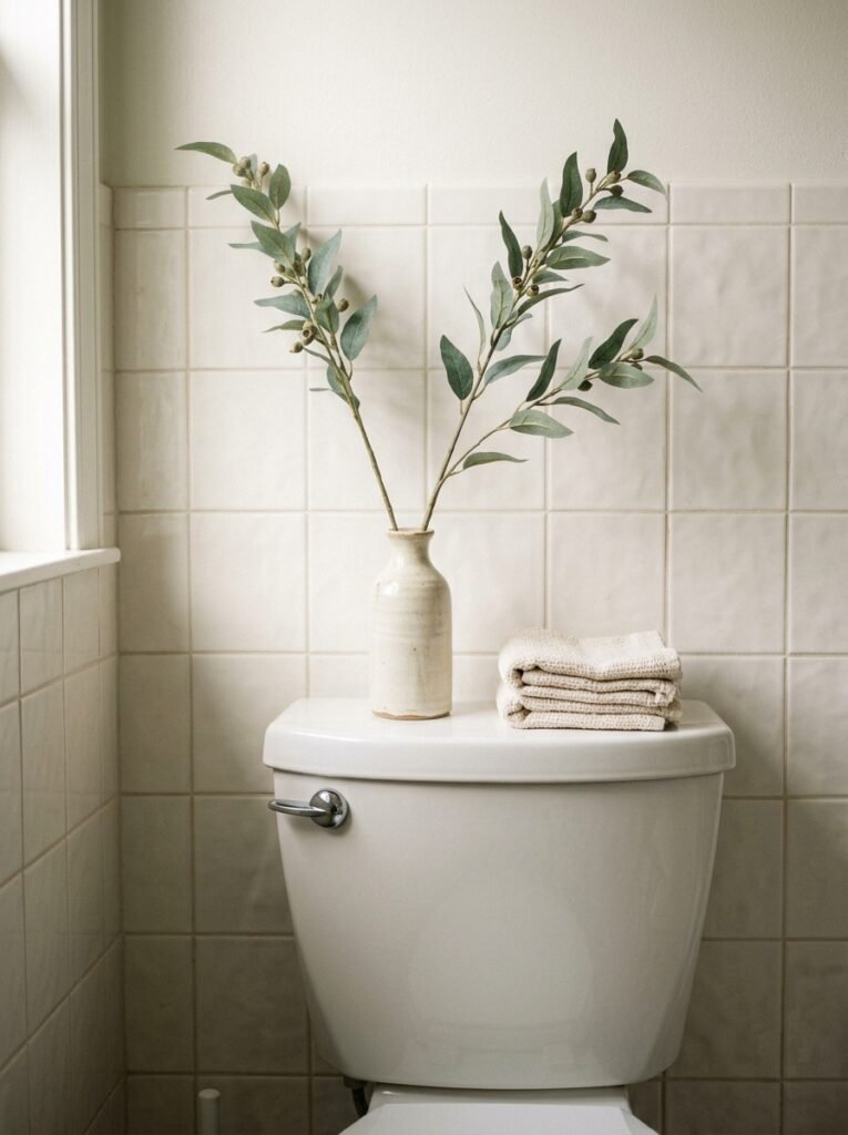 faux eucalyptus stems in bud vase on toilet tank