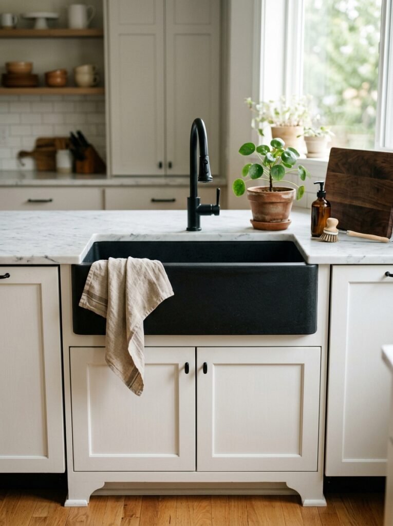 black farmhouse sink in a white kitchen