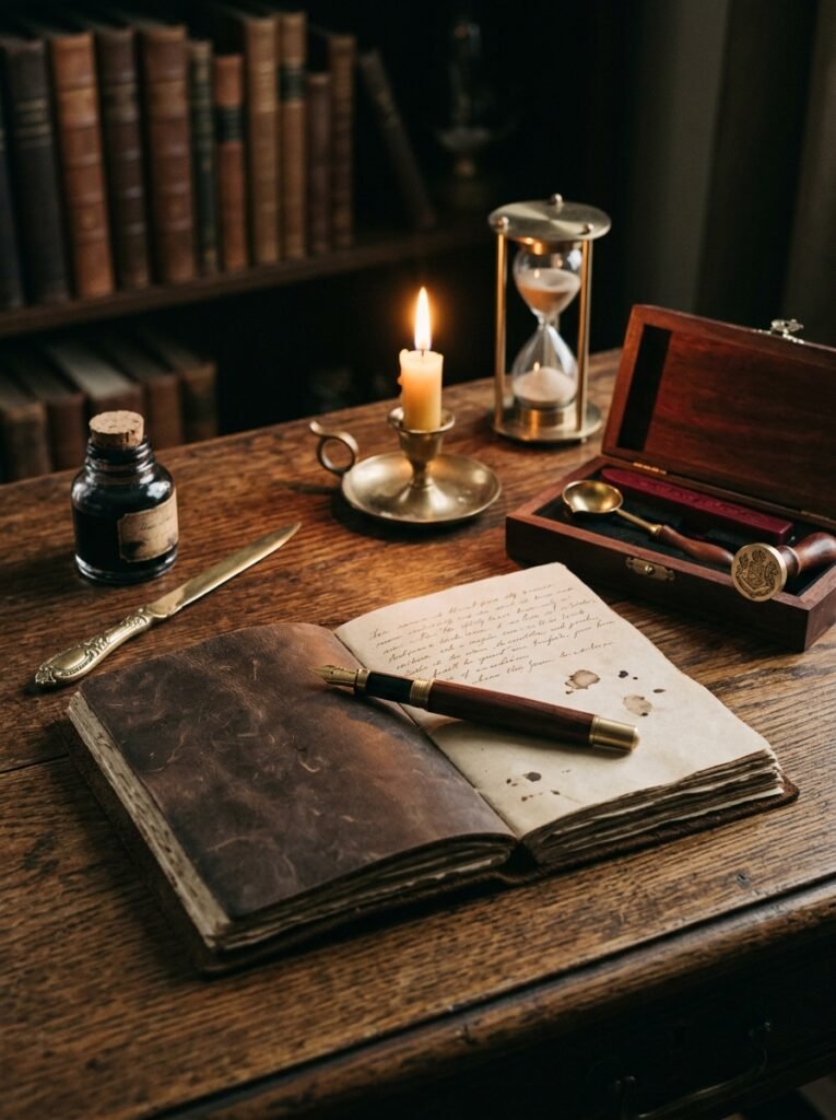 fountain pen and wax seal on a dark academia desk