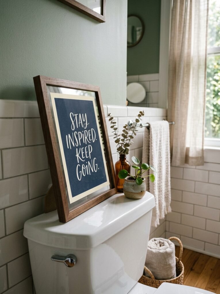 framed motivational quote on toilet tank