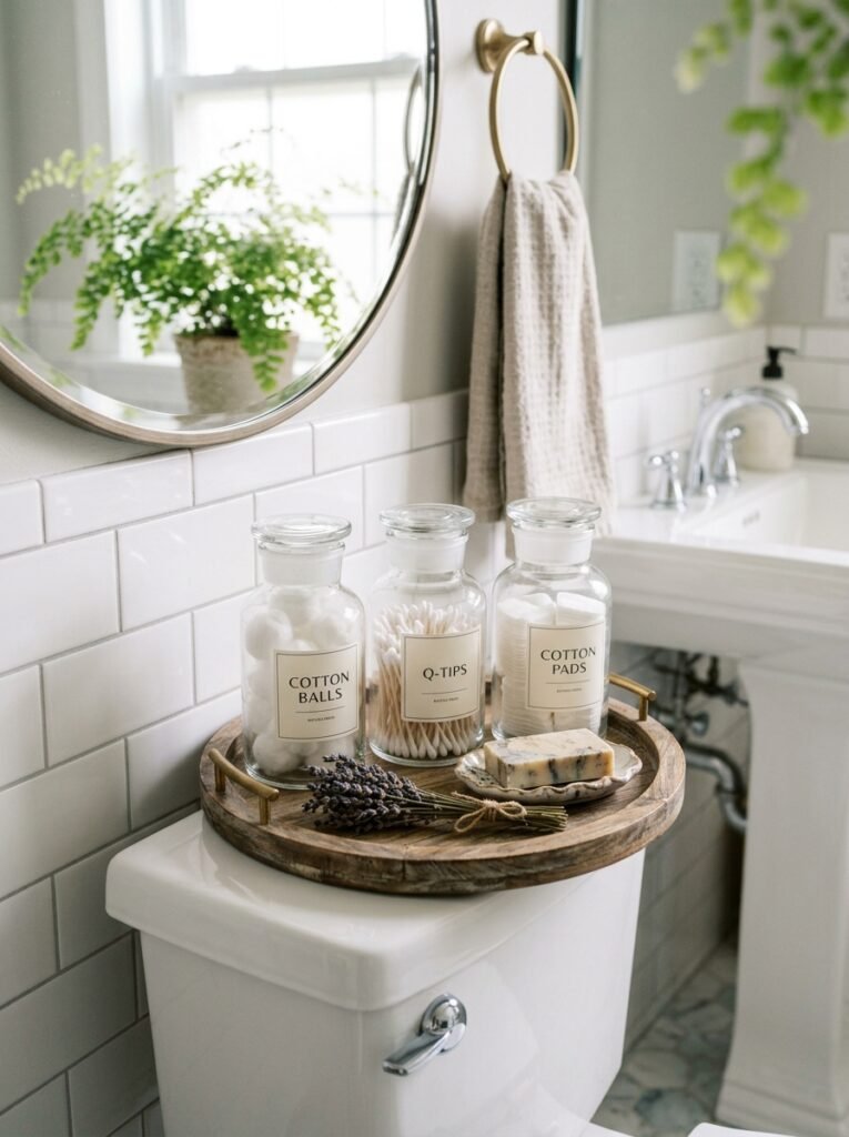 glass apothecary jars on toilet tank