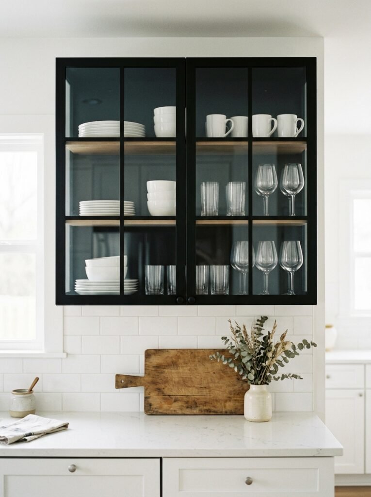 black framed glass front kitchen cabinets