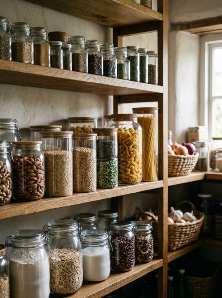 20 Pantry Organization Ideas For a Clean and Clutter Free Kitchen glass containers inside kitchen pantry