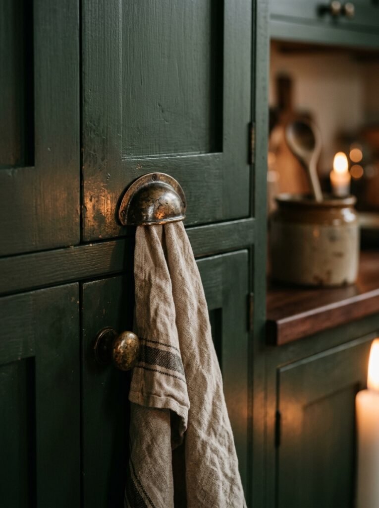 aged brass hardware on dark kitchen cabinets