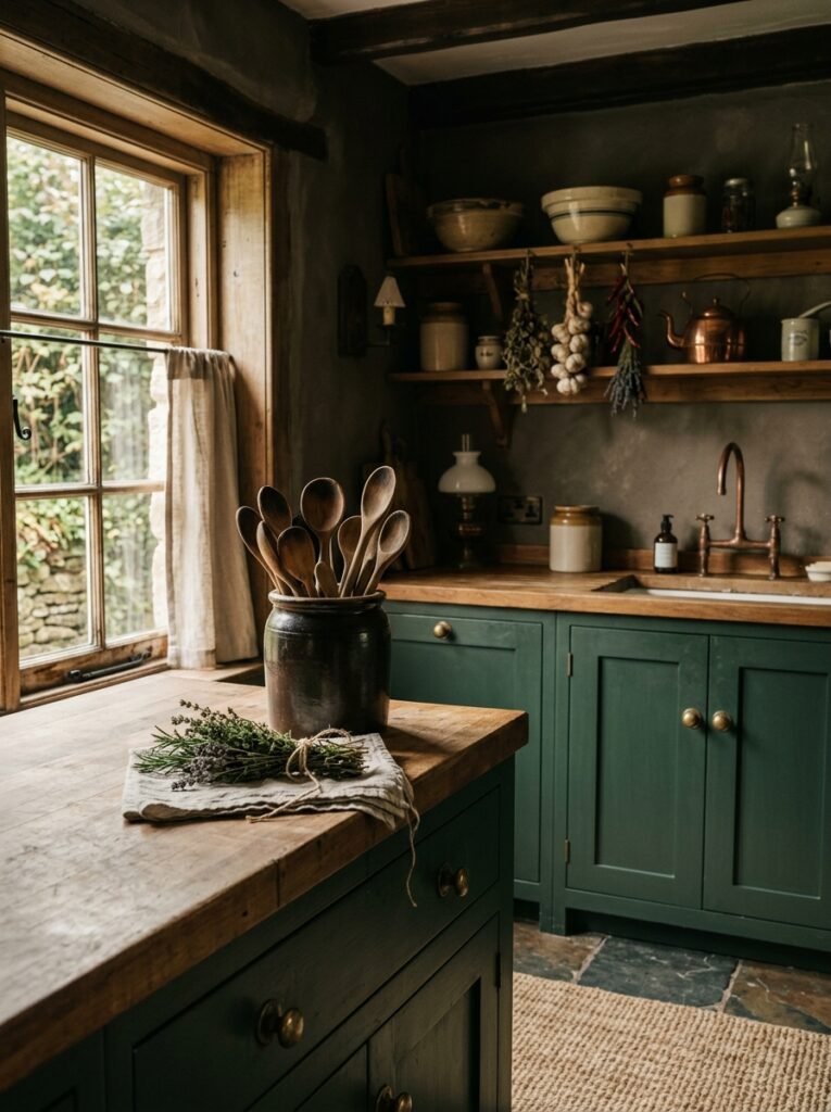 dark green painted cottagecore kitchen cabinets