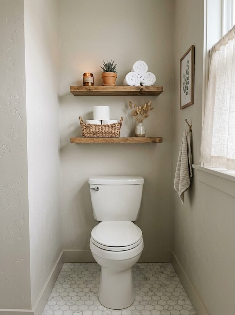 floating shelves above a toilet in a half bathroom