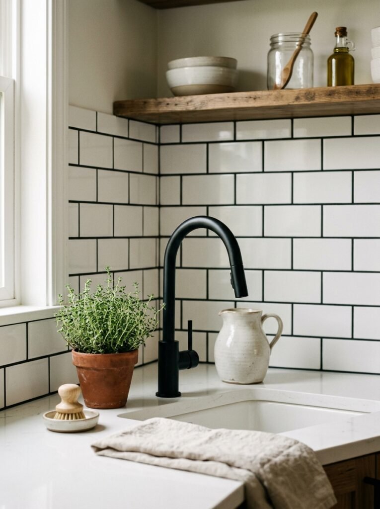 white subway tile with black grout backsplash