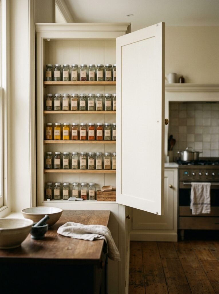 spice jars stored in a cabinet away from the stove