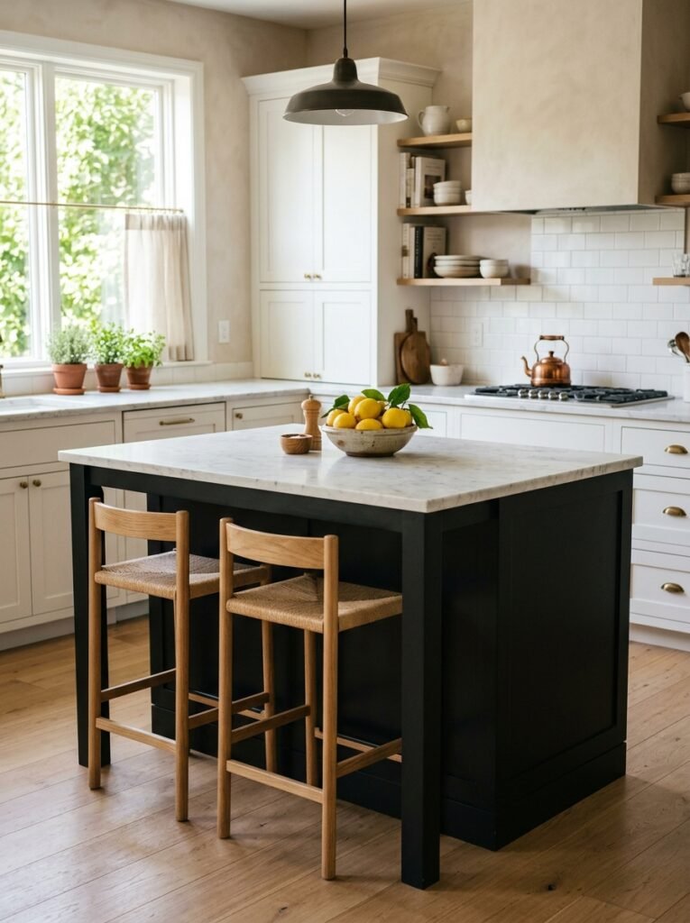 black kitchen island with white cabinets