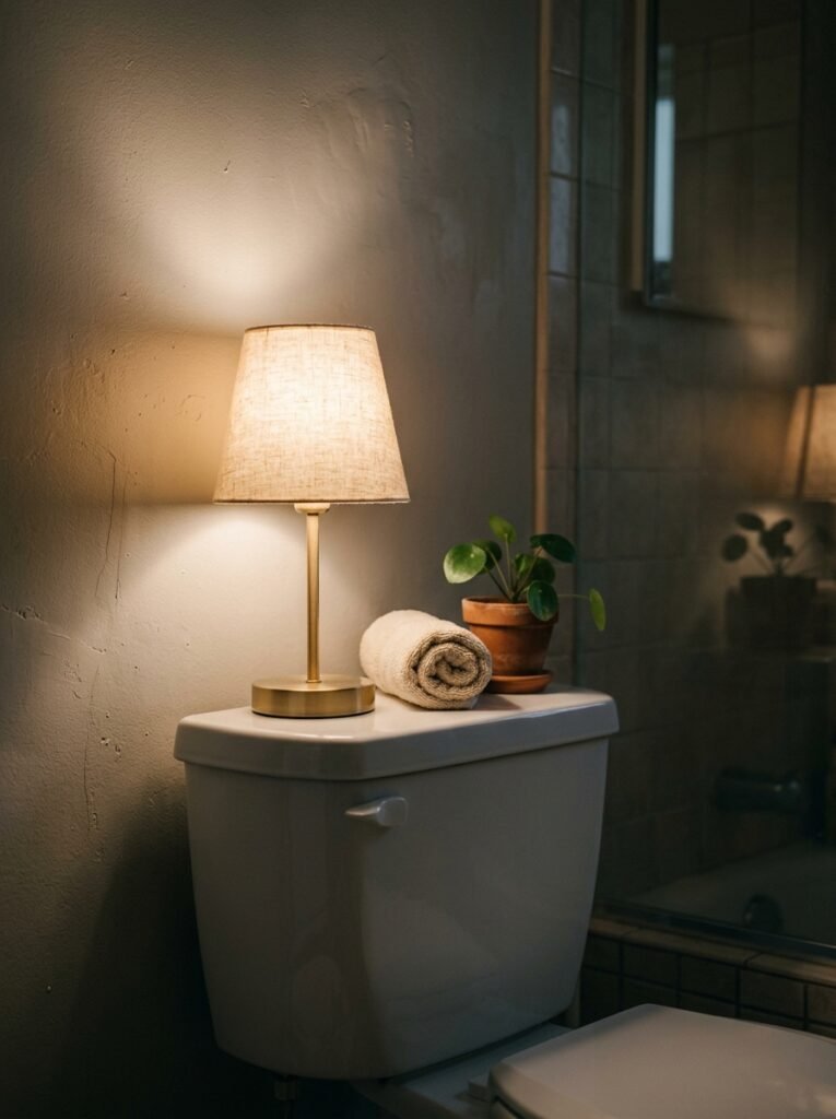 small lamp glowing on toilet tank