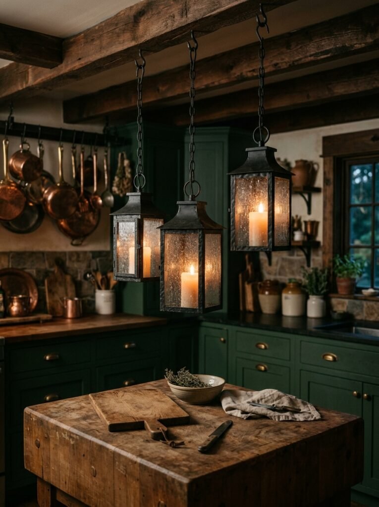 lanterns hanging above a cottagecore kitchen island