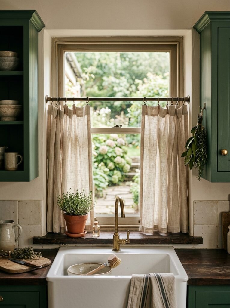 linen cafe curtains in a dark cottagecore kitchen