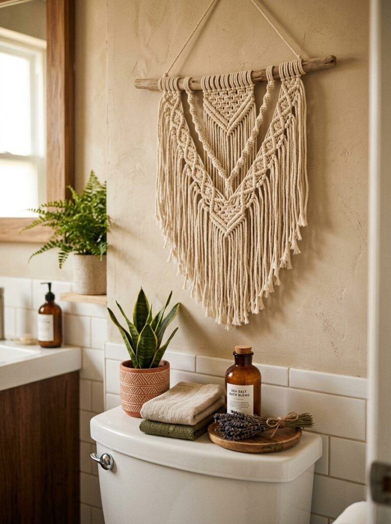 macrame hanging on toilet tank 