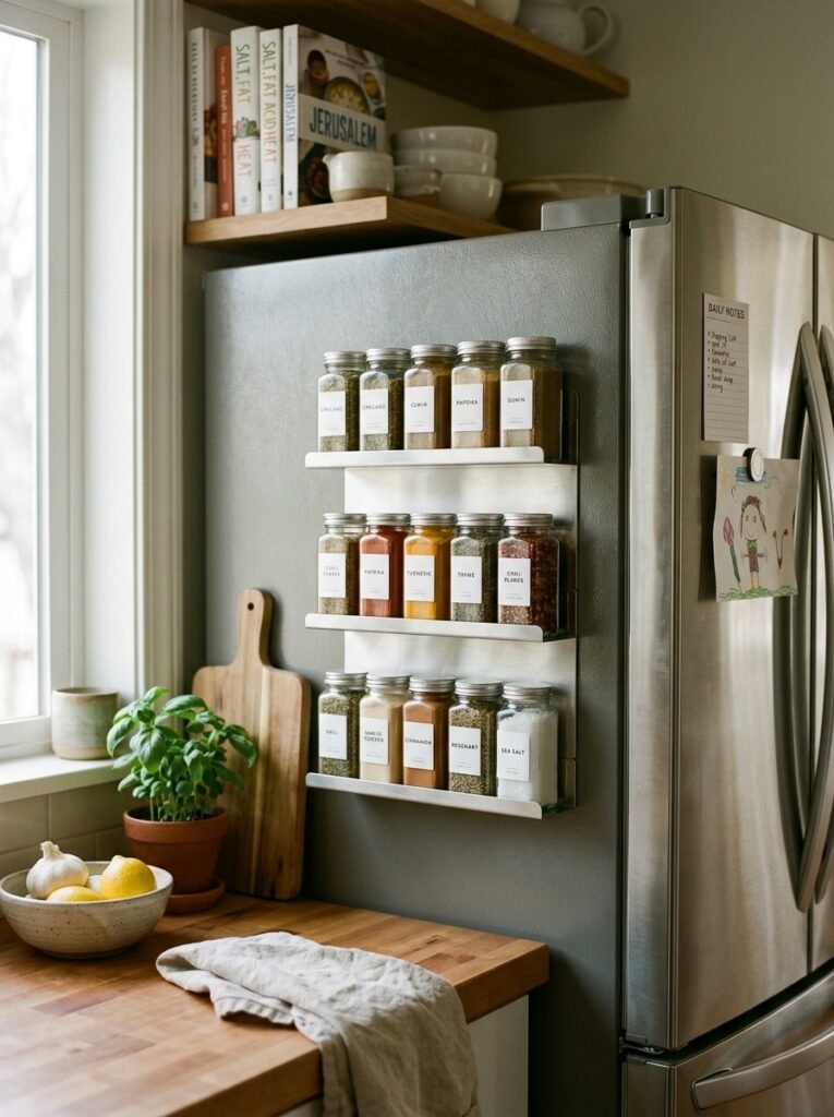 12 Easy Spice Rack Ideas for an Organized Kitchen magnetic spice rack on fridge 202606141327