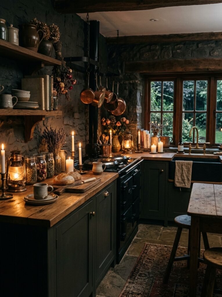 17 Dreamy Dark Cottagecore Kitchen Ideas You'll Absolutely Love moody dark cottagecore kitchen 202606141252