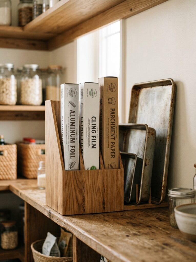 foil and wraps stored upright in pantry