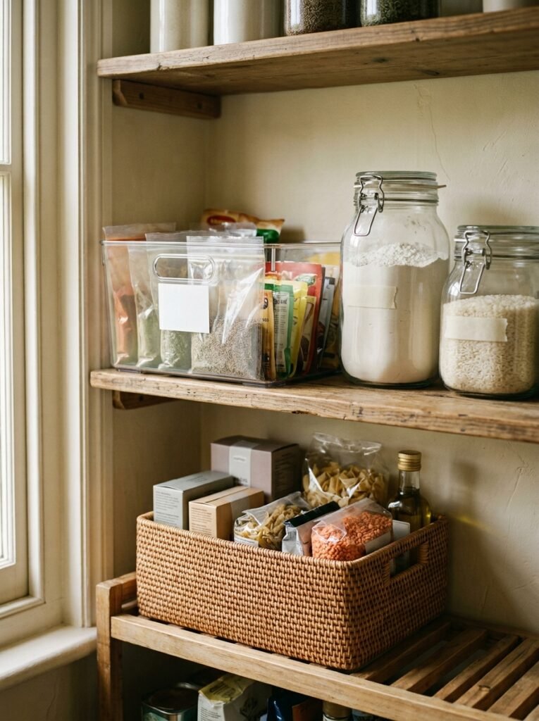 bulk spice refills in a labeled pantry bin