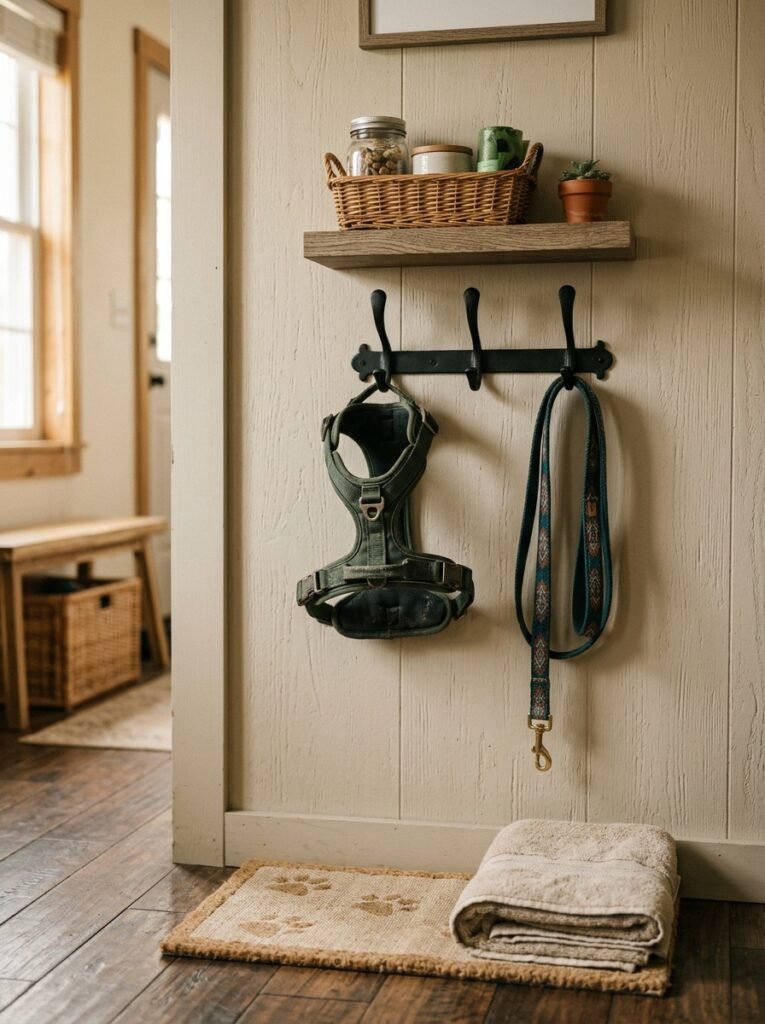 entryway pet station with leash and treats