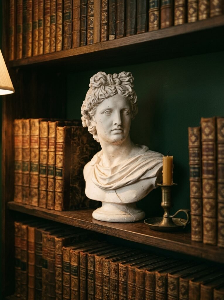 classical plaster bust on a dark academia bookshelf