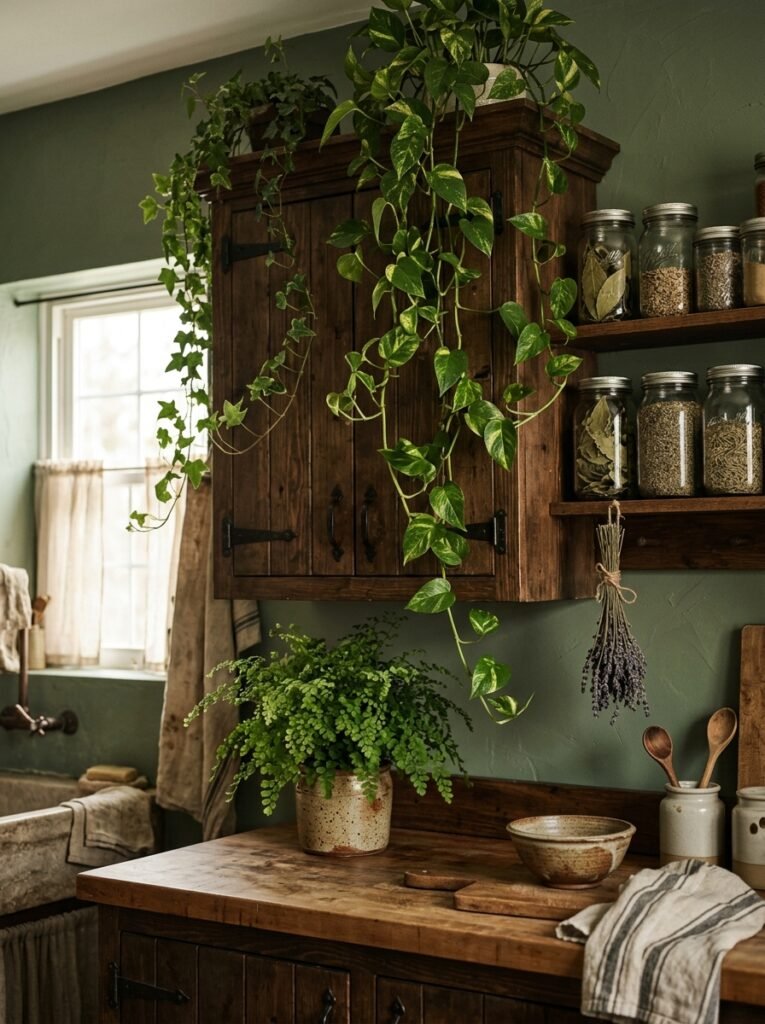 trailing plants on dark cottagecore kitchen cabinets