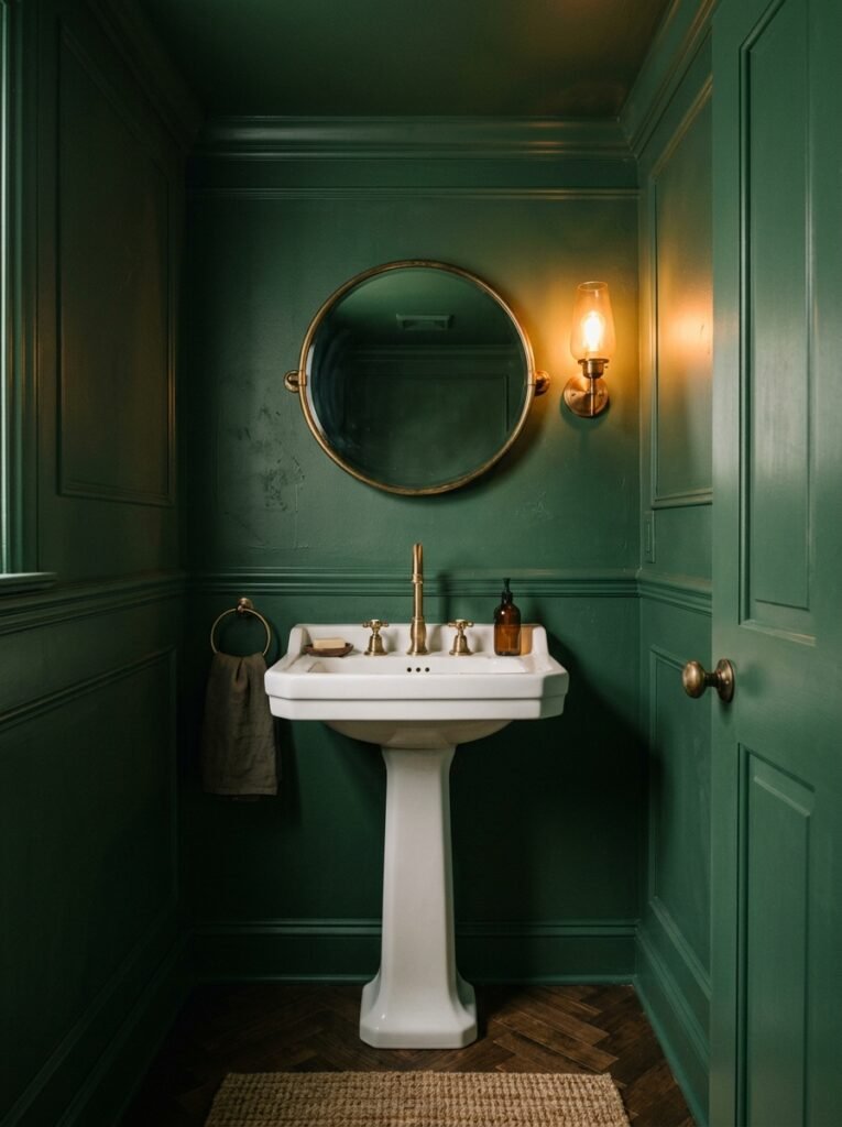 dark green color drenched powder room