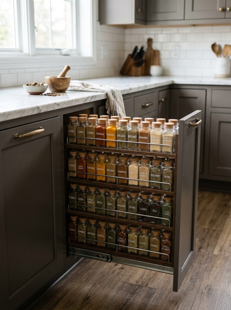 12 Easy Spice Rack Ideas for an Organized Kitchen pull out spice rack kitchen 202606141328