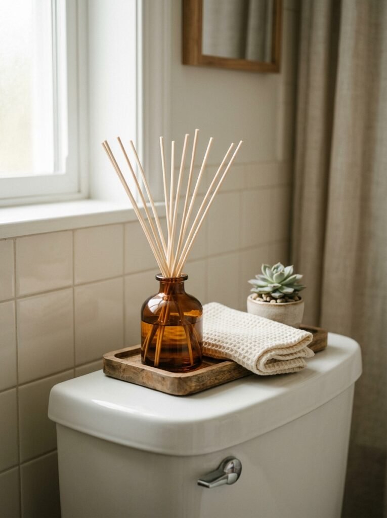 reed diffuser on toilet tank