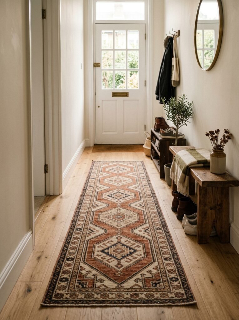 washable runner rug in a narrow entryway
