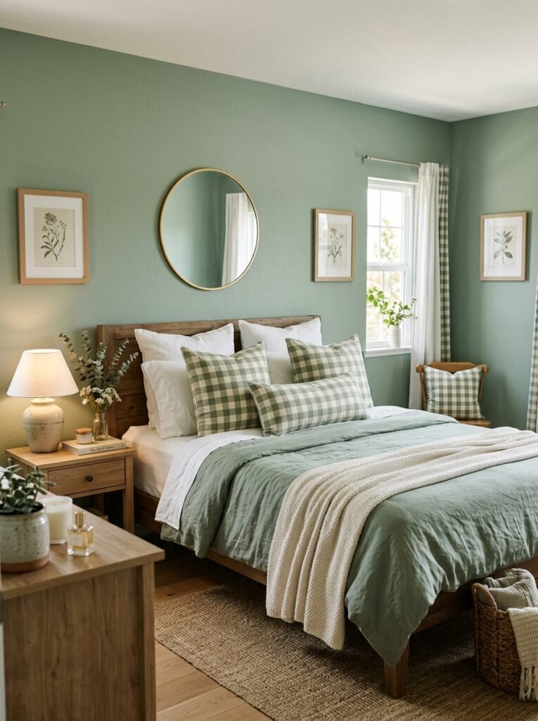 sage green bedroom gingham accents 202606152259