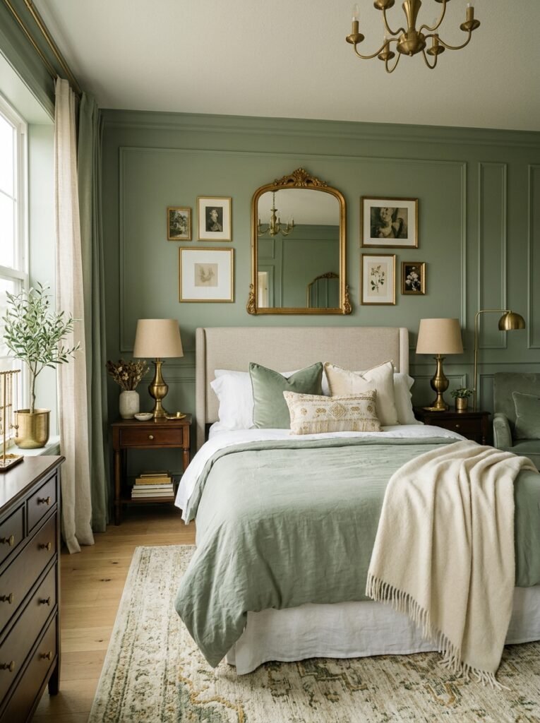 sage green bedroom gold accents 202606152255