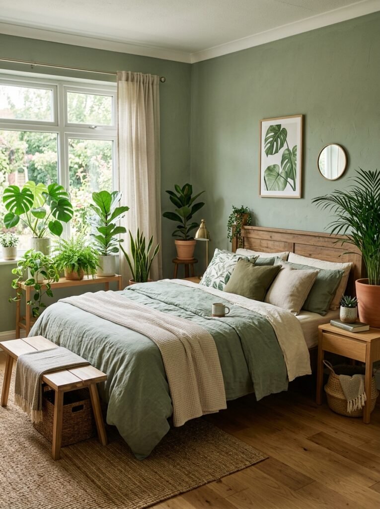 sage green bedroom indoor plants 202606152251