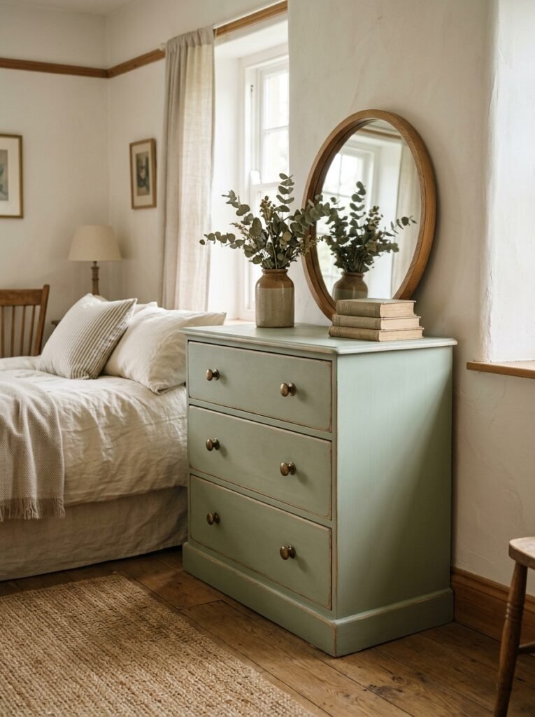 Vintage dresser painted sage green with brass knobs in a bedroom