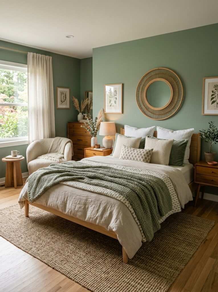 sage green bedroom layered textures 202606152258