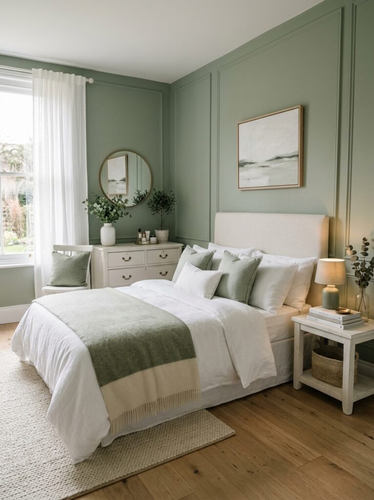 sage green bedroom white accents 202606152254
