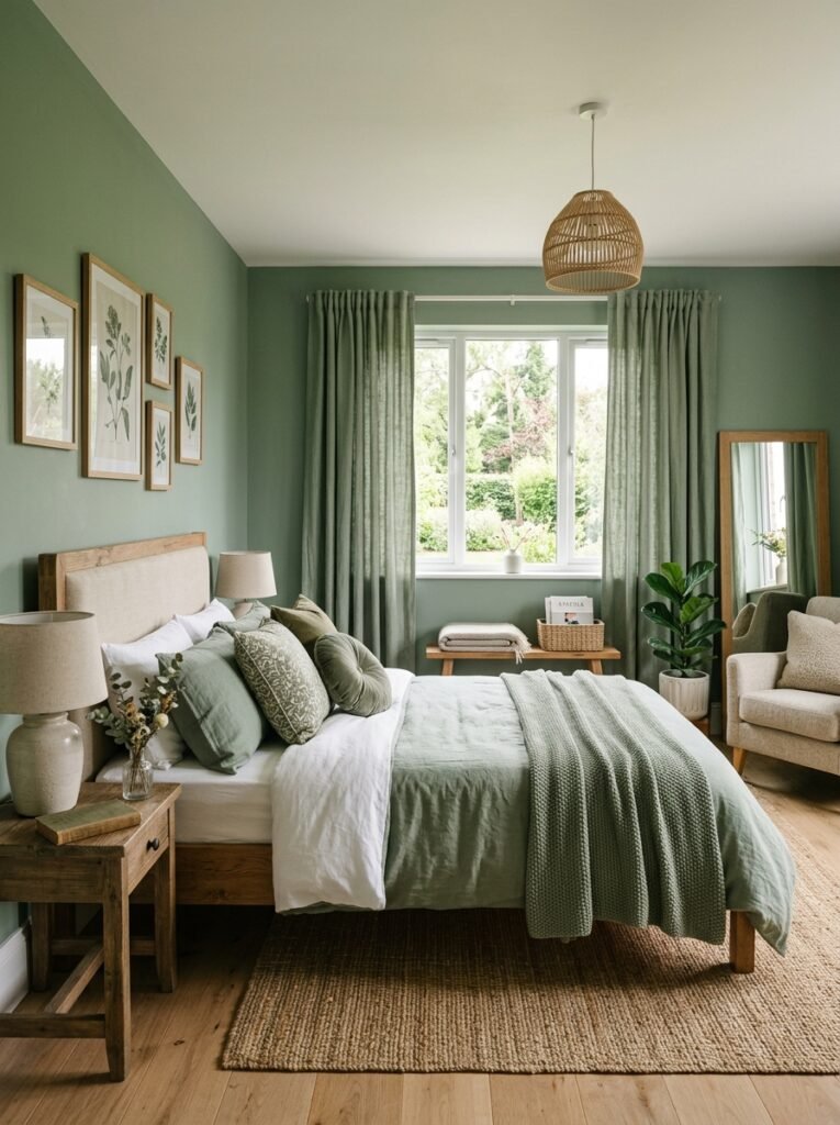 sage green bedroom with curtains 202606152253