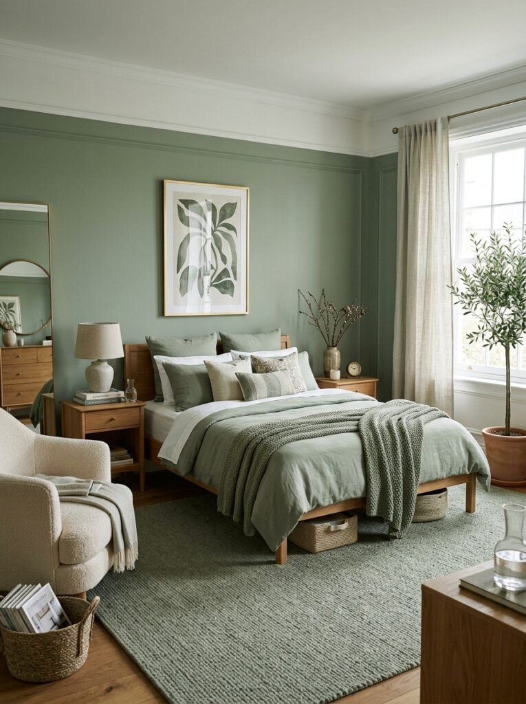 22 Sage Green Bedroom Ideas for a Calm and Cozy Retreat sage green bedroom with rug 202606152257