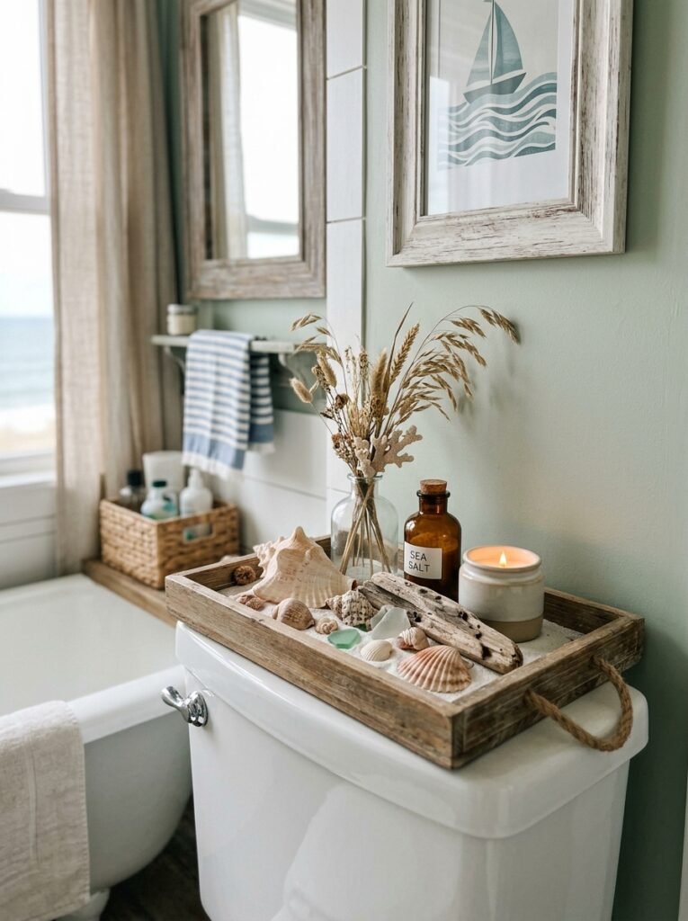 seashells on tray toilet tank 