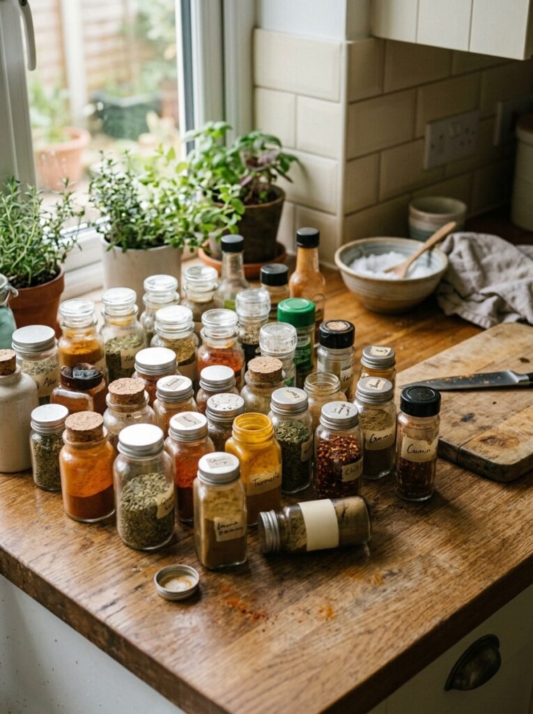 decluttering old spice jars on a kitchen counter