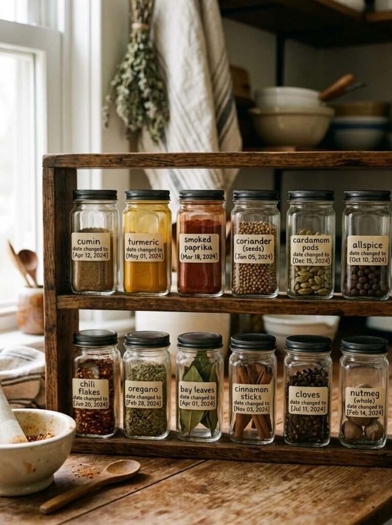 dated labels on glass spice jars
