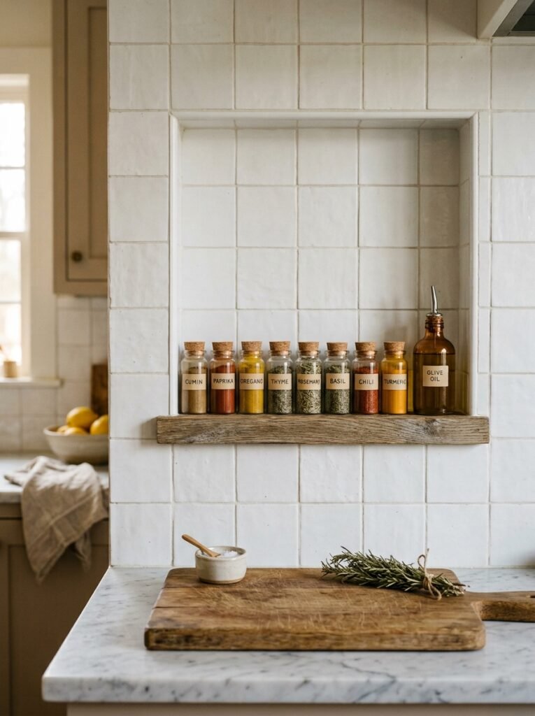 spice niche built into a kitchen backsplash