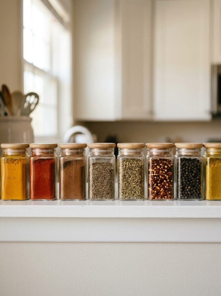 matching glass spice jars on a kitchen shelf